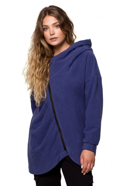 Bluza damska oversize długa rozpinana z kapturem indygo B203 Bluza damska oversize długa rozpinana z kapturem indygo B203