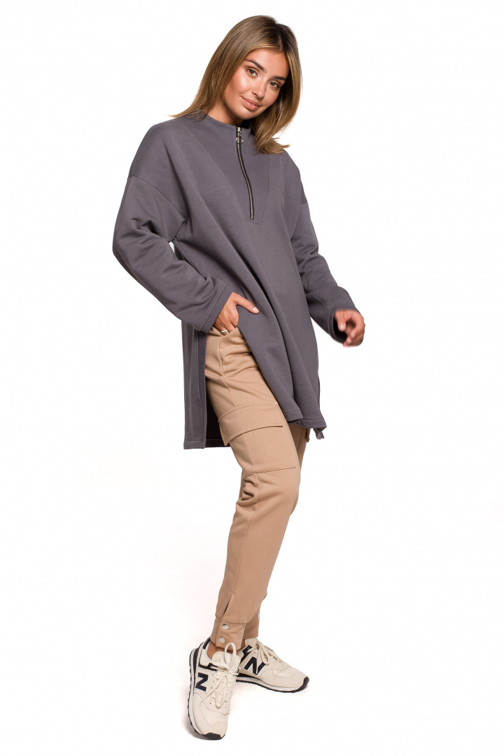 Bluza damska długa dresowa rozpinana z rozcięciem antracytowa B201 Bluza damska długa dresowa rozpinana z rozcięciem antracytowa B201