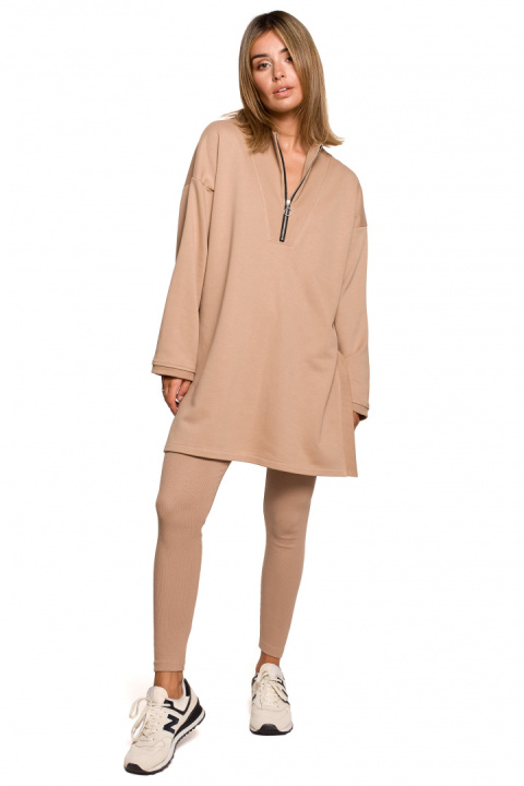 Bluza damska długa dresowa rozpinana z rozcięciem orzechowa B201 Bluza damska długa dresowa rozpinana z rozcięciem orzechowa B201