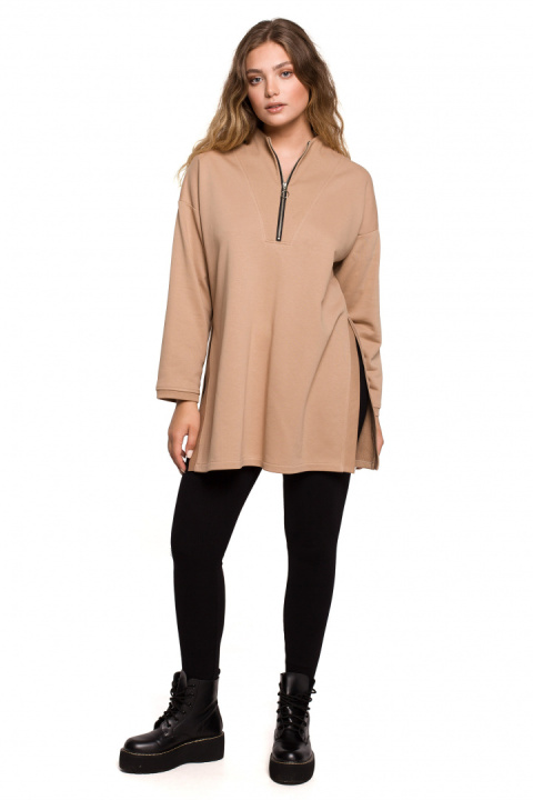 Bluza damska długa dresowa rozpinana z rozcięciem orzechowa B201 Bluza damska długa dresowa rozpinana z rozcięciem orzechowa B201
