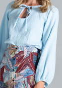 Bluzka damska z długim rękawem i wiązaniem na dekolcie błękitna M818