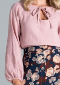 Bluzka damska z długim rękawem i wiązaniem na dekolcie różowa M818
