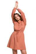 Sukienka rozkloszowana midi wiązana z długim rękawem ceglasta B208