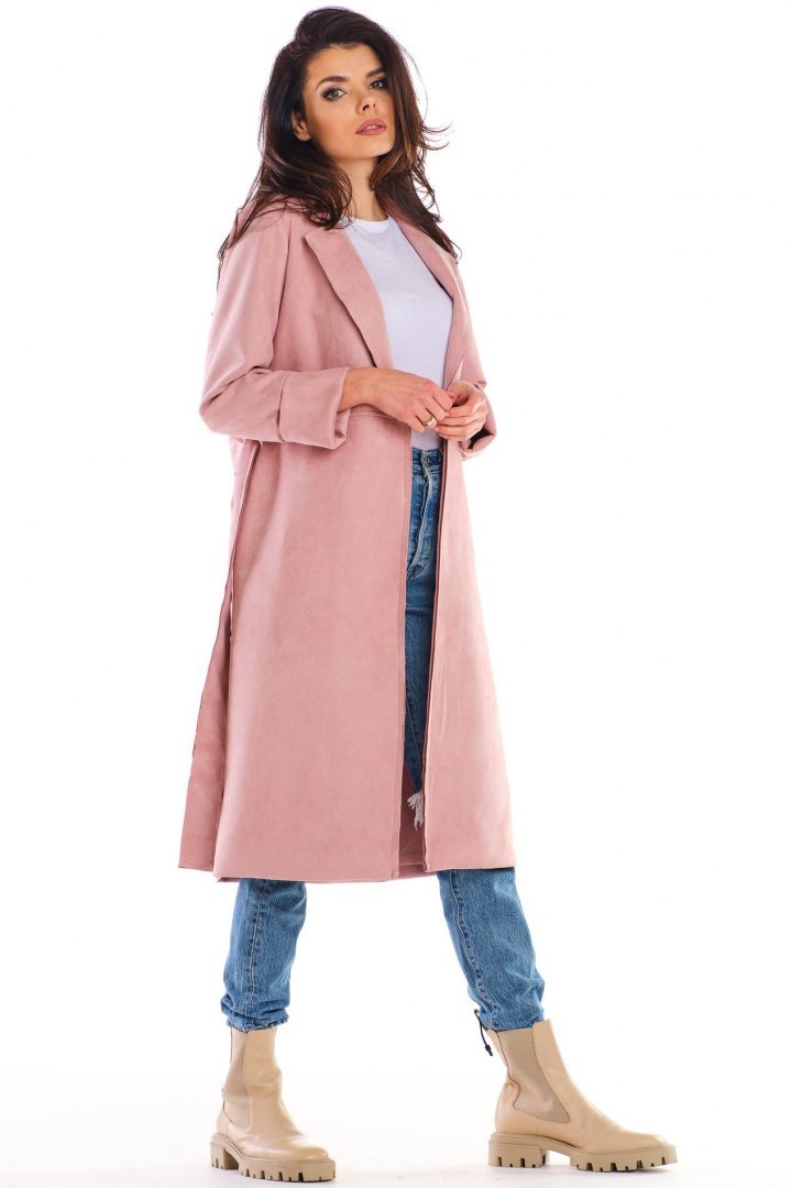 Płaszcz damski zamszowy bez zapięcia wiązany paskiem różowy A464