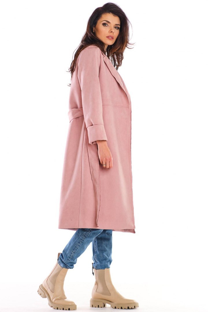 Płaszcz damski zamszowy bez zapięcia wiązany paskiem różowy A464