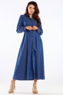 Sukienka maxi zapinana wiązana z wiskozy długi rękaw niebieska A451