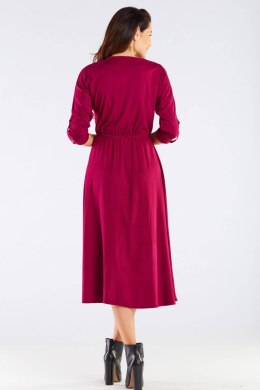 Sukienka midi rozkloszowana z wiskozy gumka długi rękaw bordowa A452