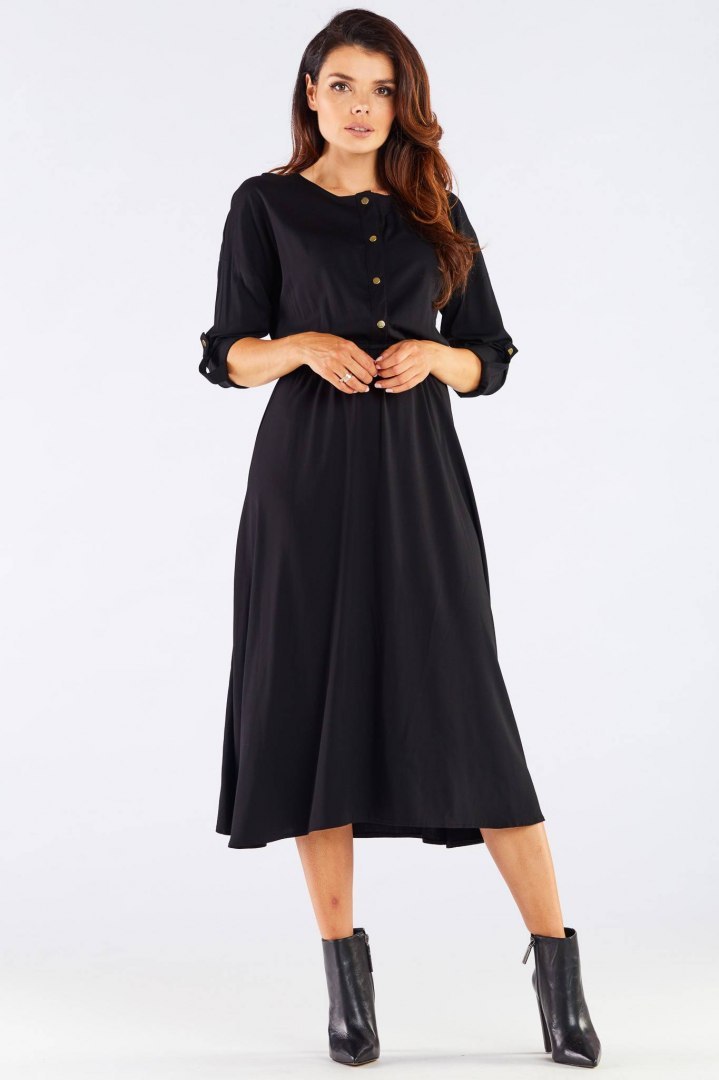 Sukienka midi rozkloszowana z wiskozy gumka długi rękaw czarna A452