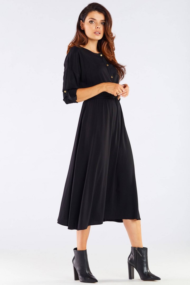 Sukienka midi rozkloszowana z wiskozy gumka długi rękaw czarna A452