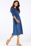 Sukienka midi rozkloszowana z wiskozy gumka długi rękaw niebieski A452
