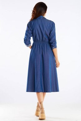 Sukienka midi rozkloszowana z wiskozy gumka długi rękaw niebieski A452