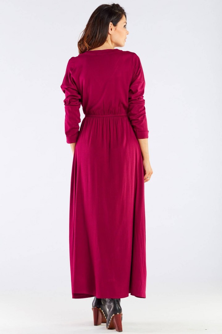 Sukienka maxi z wiskozy rozporek z przodu długi rękaw bordowa A454