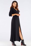 Sukienka maxi z wiskozy rozporek z przodu długi rękaw czarna A454