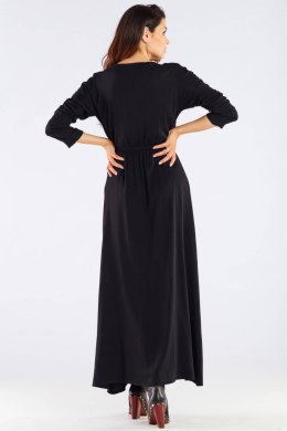 Sukienka maxi z wiskozy rozporek z przodu długi rękaw czarna A454