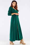 Sukienka maxi z wiskozy rozporek z przodu długi rękaw zielona A454