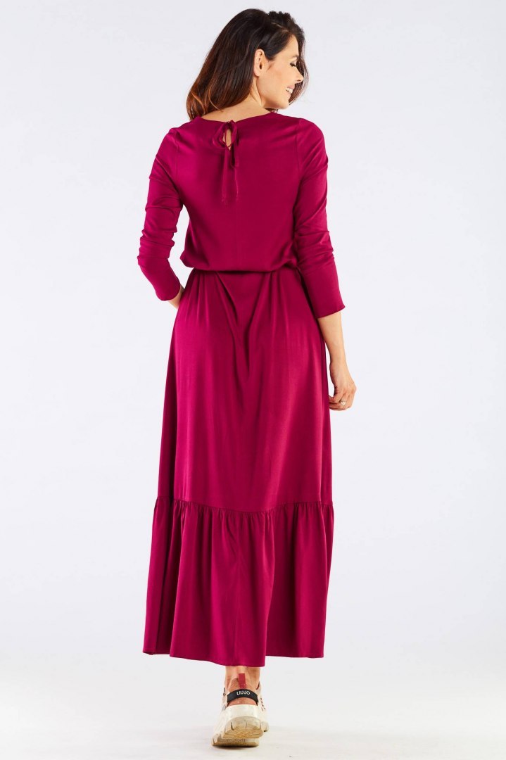 Sukienka maxi z wiskozy rozkloszowana z falbaną długi rękaw bordowa A455