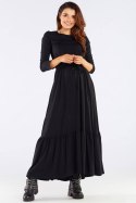 Sukienka maxi z wiskozy rozkloszowana z falbaną długi rękaw czarna A455