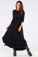 Sukienka maxi z wiskozy rozkloszowana z falbaną długi rękaw czarna A455