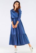 Sukienka maxi z wiskozy rozkloszowana z falbaną długi rękaw niebieska A455