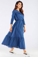 Sukienka maxi z wiskozy rozkloszowana z falbaną długi rękaw niebieska A455