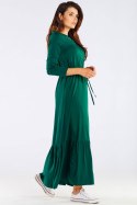 Sukienka maxi z wiskozy rozkloszowana z falbaną długi rękaw zielona A455