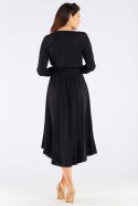 Sukienka midi z wiskozy z falbankami wiązana dekolt V czarna A456