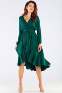 Sukienka midi z wiskozy z falbankami wiązana dekolt V zielona A456