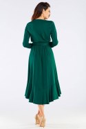Sukienka midi z wiskozy z falbankami wiązana dekolt V zielona A456