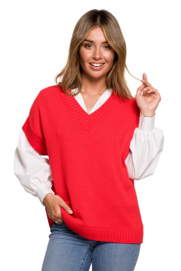 Sweter damski bezrękawnik luźny z dekoltem V czerwony BK076