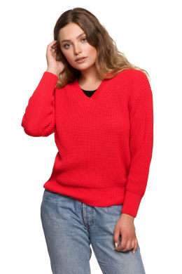 Sweter damski oversize klasyczny do bioder dekolt V czerwony BK075