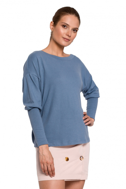 Sweter damski z dekoltem V na plecach bawełniany niebieski K107 Sweter damski z dekoltem V na plecach bawełniany niebieski K107