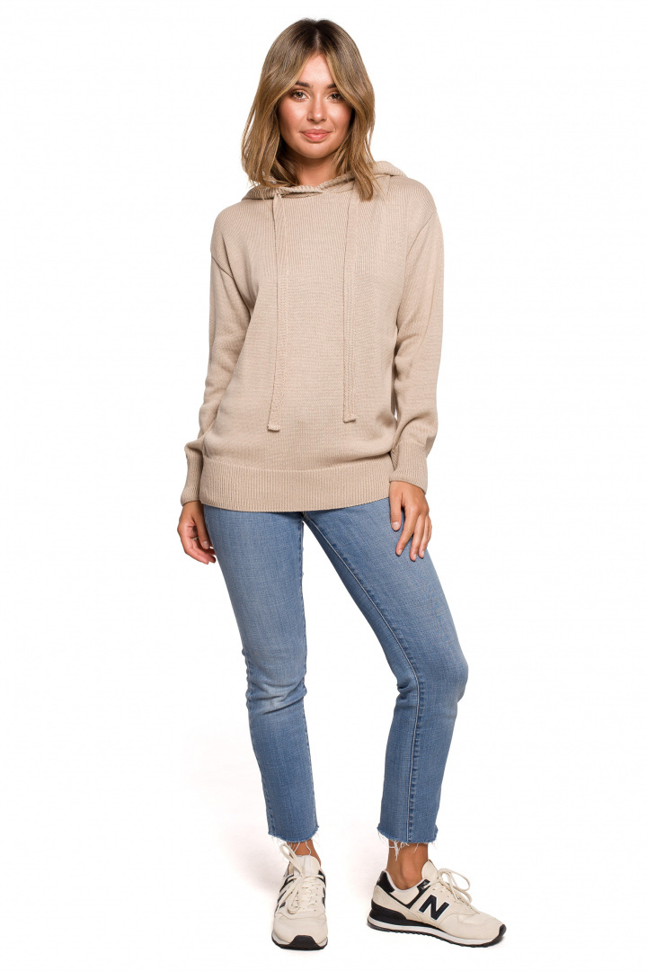 Sweter damski z kapturem do bioder fason bluzy ściągacz beżowy BK073 Sweter damski z kapturem do bioder fason bluzy ściągacz beżowy BK073