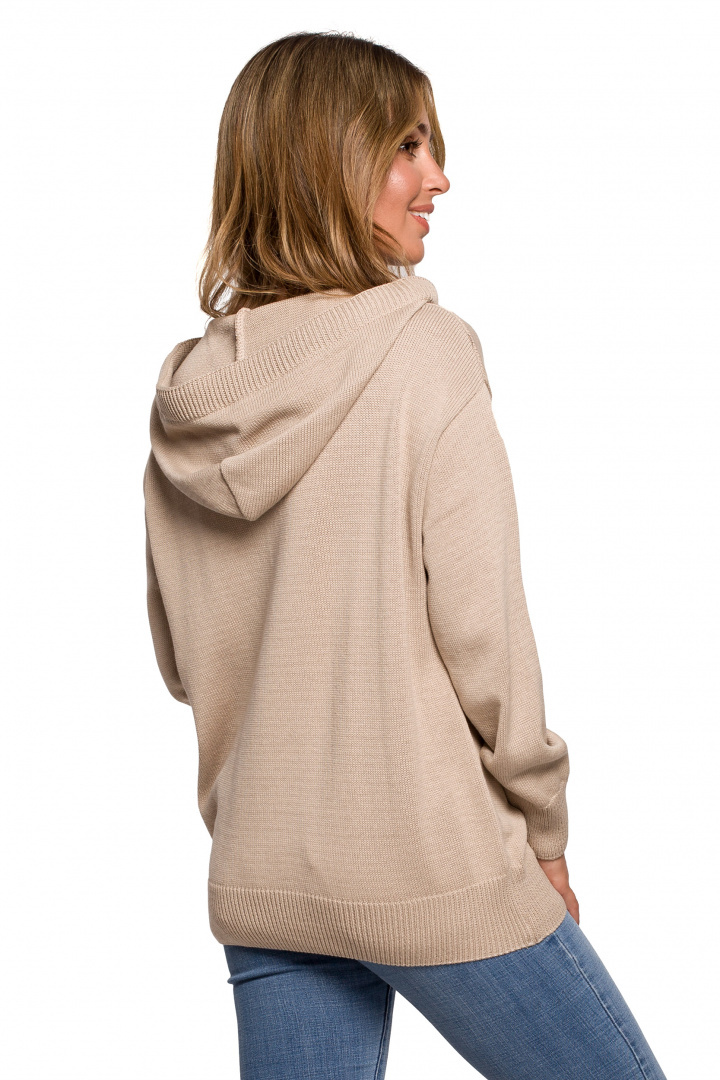 Sweter damski z kapturem do bioder fason bluzy ściągacz beżowy BK073 Sweter damski z kapturem do bioder fason bluzy ściągacz beżowy BK073