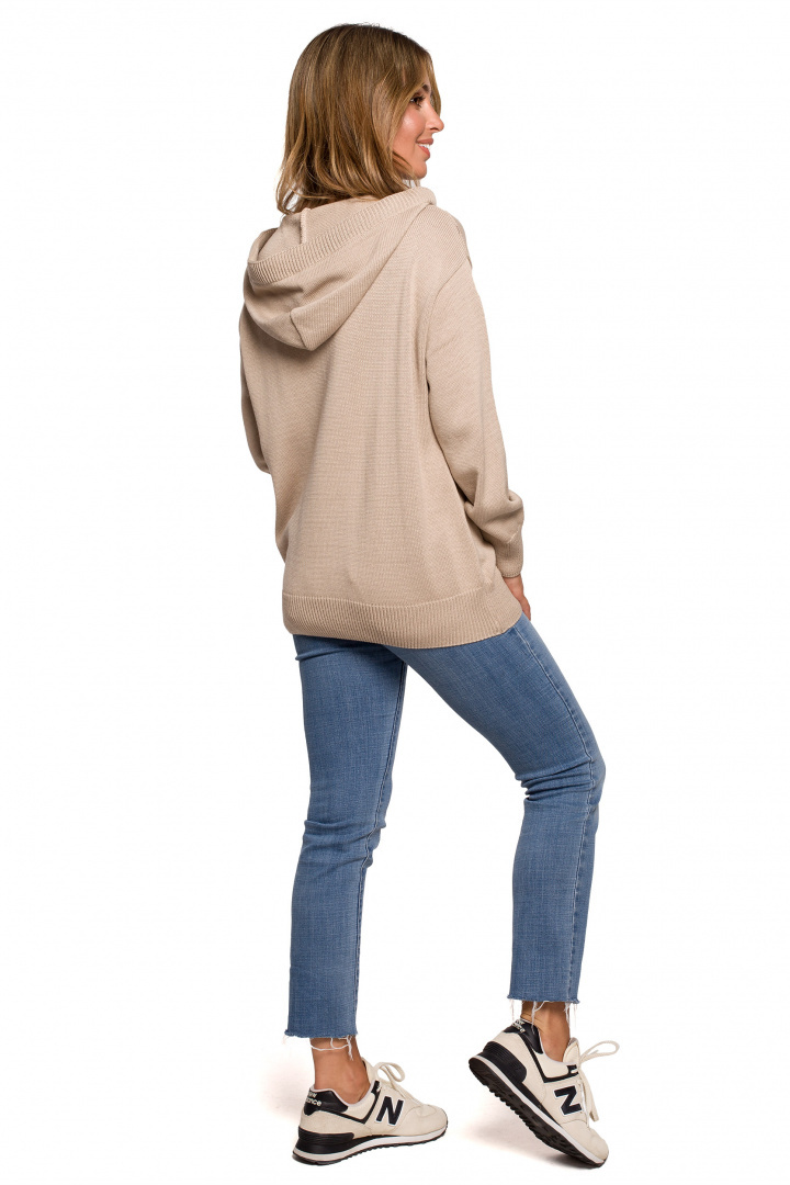 Sweter damski z kapturem do bioder fason bluzy ściągacz beżowy BK073 Sweter damski z kapturem do bioder fason bluzy ściągacz beżowy BK073