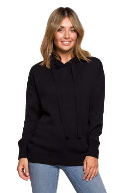 Sweter damski z kapturem do bioder fason bluzy ściągacz czarny BK073