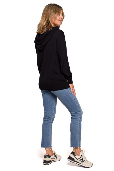 Sweter damski z kapturem do bioder fason bluzy ściągacz czarny BK073 Sweter damski z kapturem do bioder fason bluzy ściągacz czarny BK073