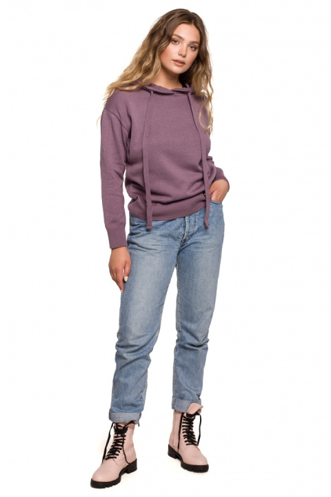 Sweter damski z kapturem do bioder fason bluzy ściągacz wrzosowy BK073 Sweter damski z kapturem do bioder fason bluzy ściągacz wrzosowy BK073