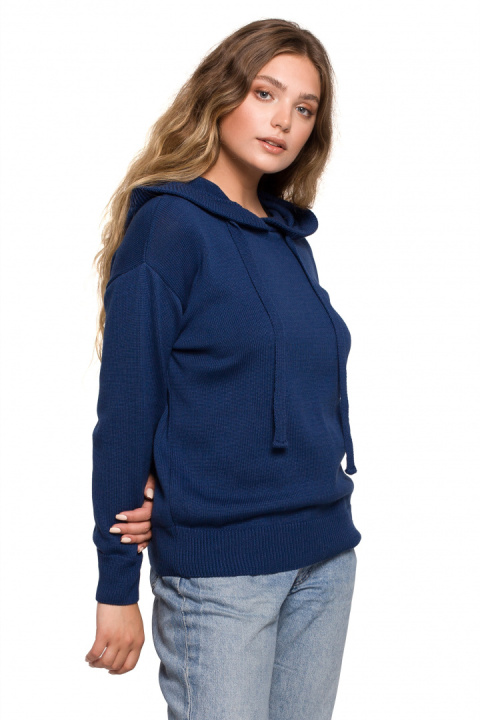 Sweter damski z kapturem do bioder fason bluzy ściągacz granatowy BK073 Sweter damski z kapturem do bioder fason bluzy ściągacz granatowy BK073