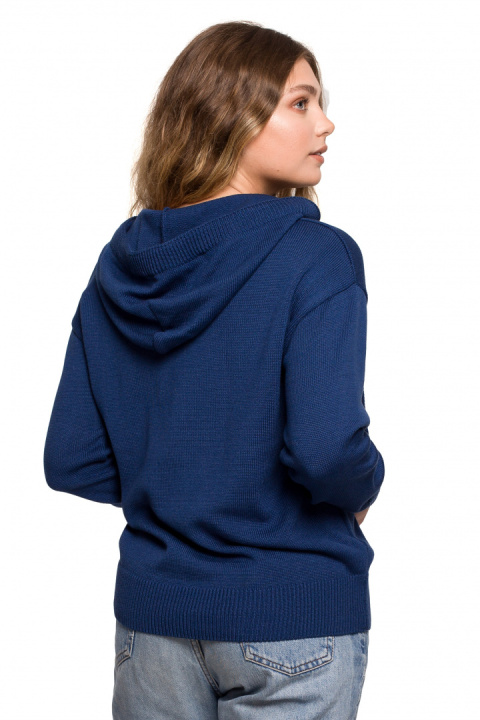 Sweter damski z kapturem do bioder fason bluzy ściągacz granatowy BK073 Sweter damski z kapturem do bioder fason bluzy ściągacz granatowy BK073