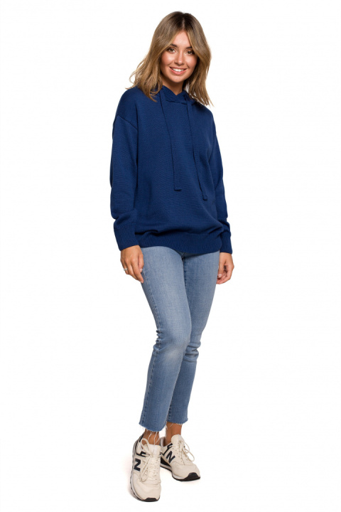Sweter damski z kapturem do bioder fason bluzy ściągacz granatowy BK073 Sweter damski z kapturem do bioder fason bluzy ściągacz granatowy BK073