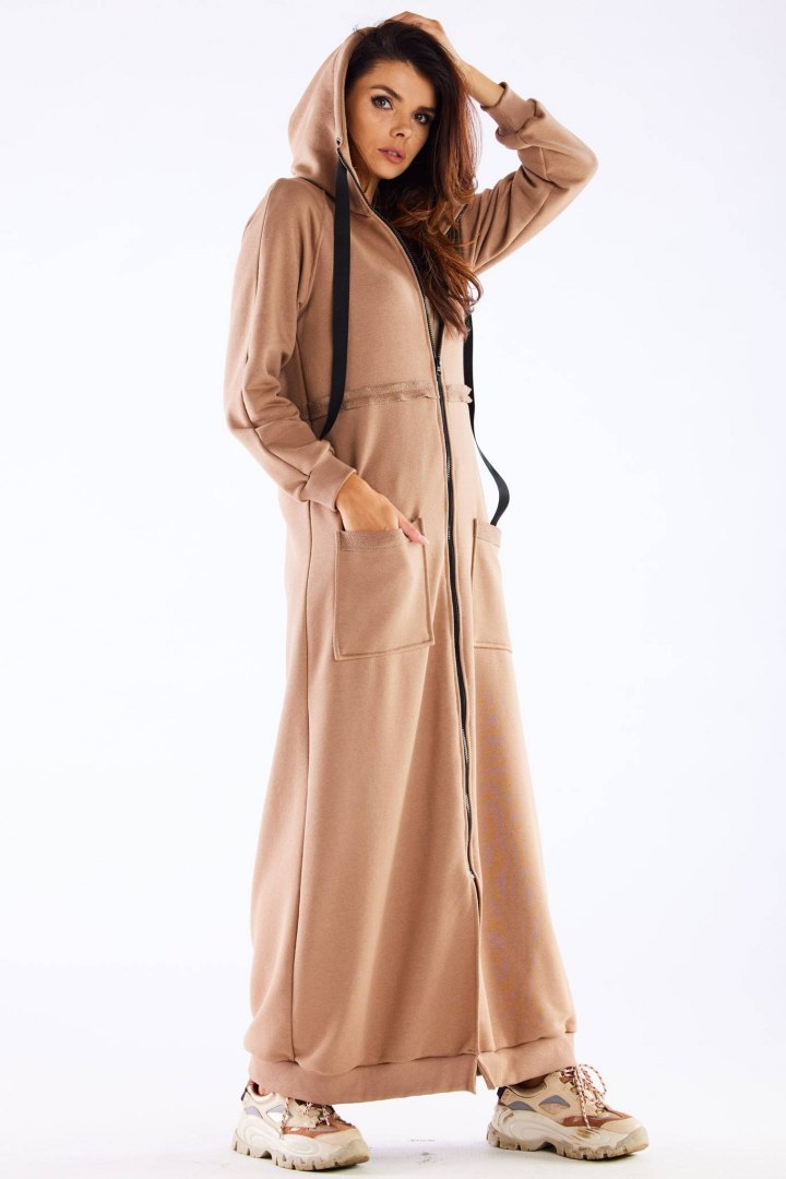 Bluza damska długa z kapturem rozpinana dresowa bawełna beżowa M277 Bluza damska długa z kapturem rozpinana dresowa bawełna beżowa M277