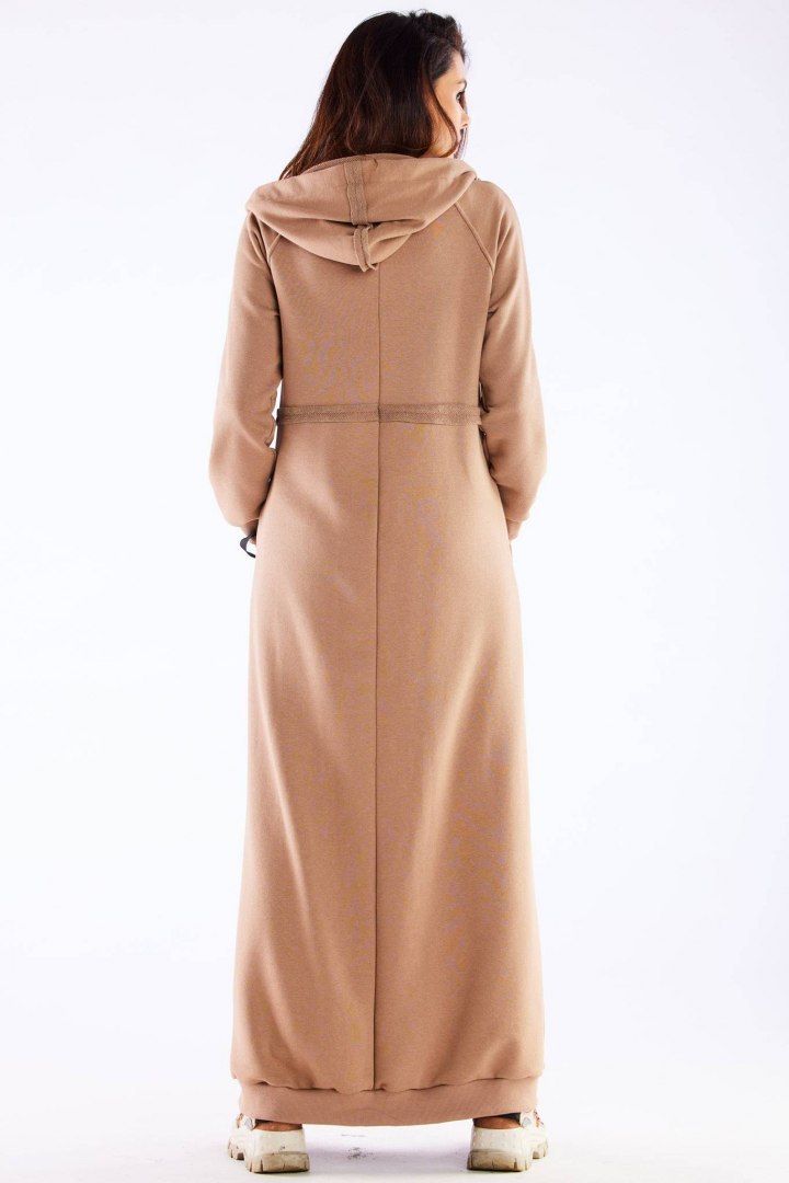 Bluza damska długa z kapturem rozpinana dresowa bawełna beżowa M277 Bluza damska długa z kapturem rozpinana dresowa bawełna beżowa M277