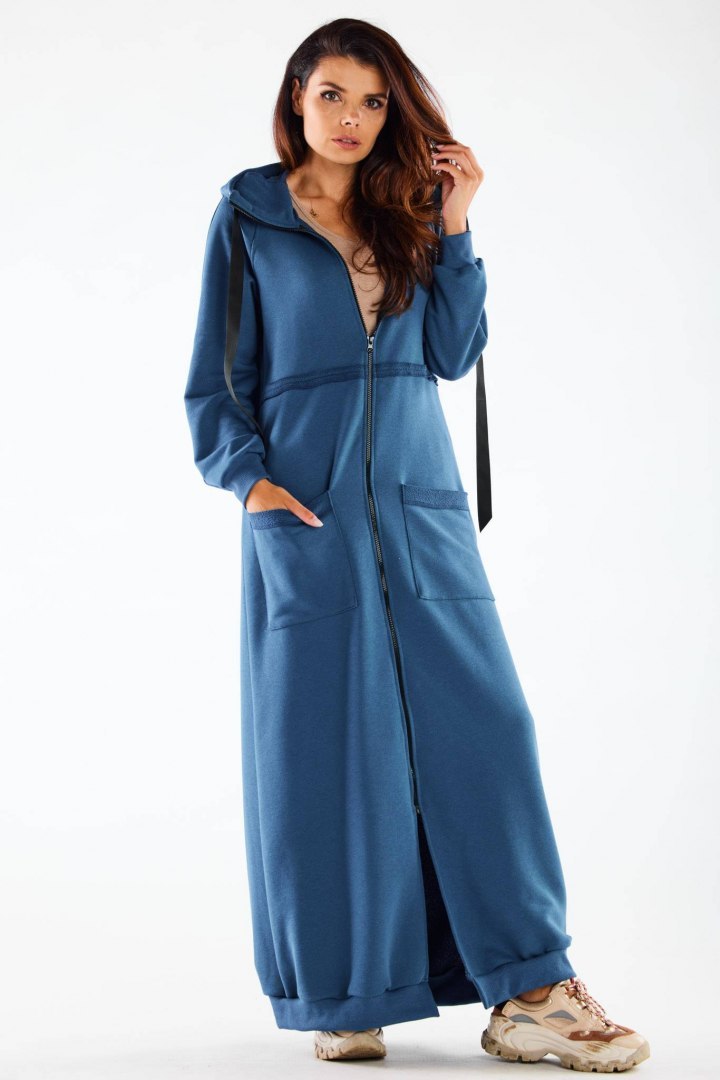 Bluza damska długa z kapturem rozpinana dresowa bawełna niebieska M277 Bluza damska długa z kapturem rozpinana dresowa bawełna niebieska M277