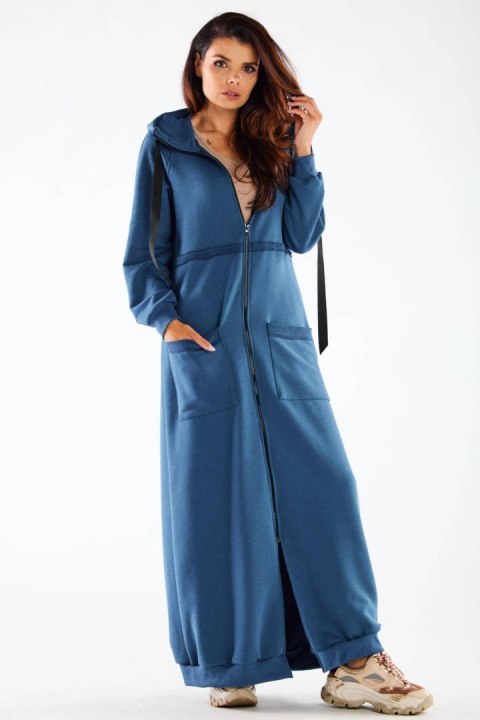 Bluza damska długa z kapturem rozpinana dresowa bawełna niebieska M277 Bluza damska długa z kapturem rozpinana dresowa bawełna niebieska M277