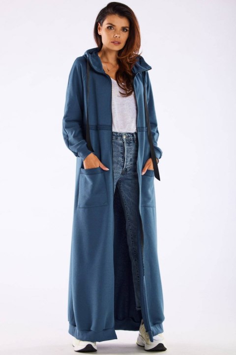 Bluza damska długa z kapturem rozpinana dresowa bawełna niebieska M277 Bluza damska długa z kapturem rozpinana dresowa bawełna niebieska M277