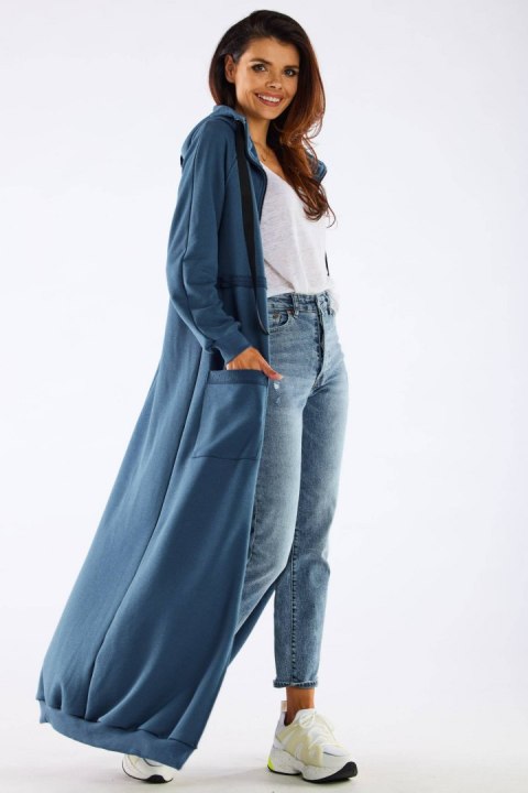 Bluza damska długa z kapturem rozpinana dresowa bawełna niebieska M277 Bluza damska długa z kapturem rozpinana dresowa bawełna niebieska M277