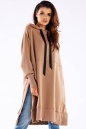 Bluza damska oversize z kapturem długa bawełniana beżowa M279
