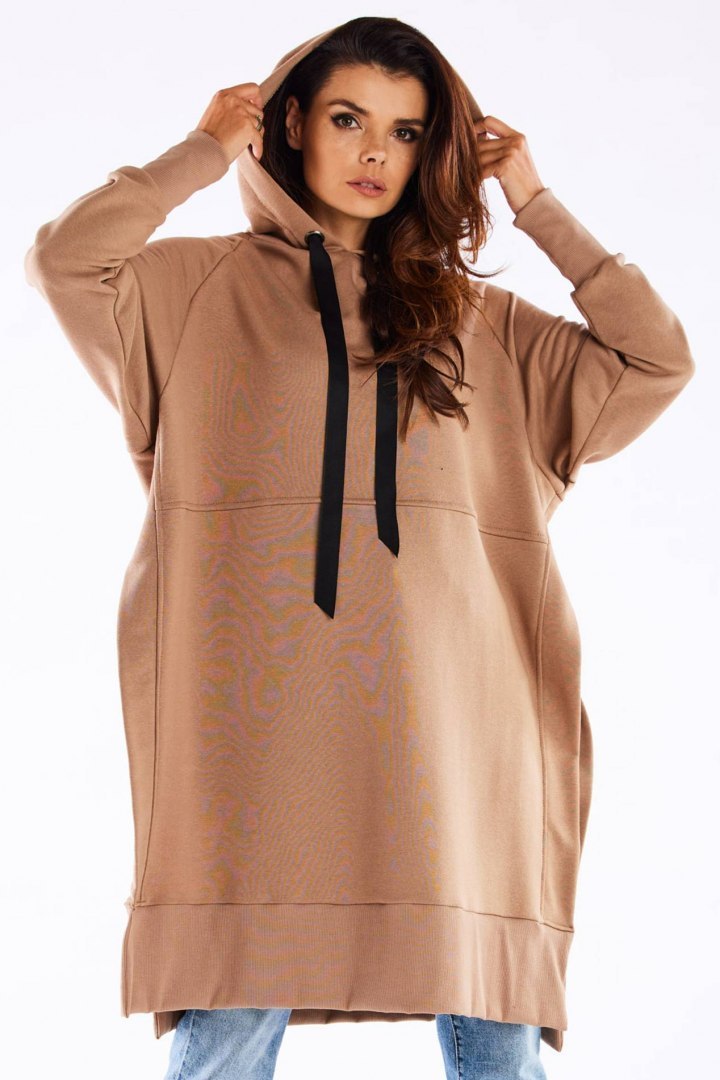 Bluza damska oversize z kapturem długa bawełniana beżowa M279 Bluza damska oversize z kapturem długa bawełniana beżowa M279