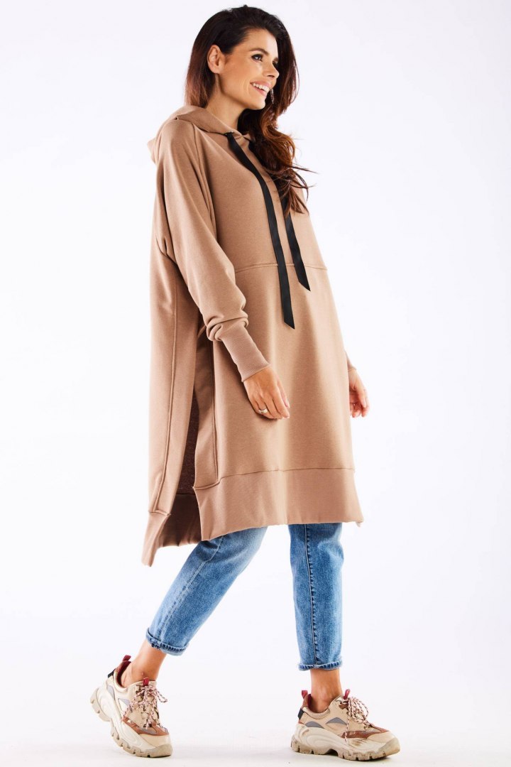 Bluza damska oversize z kapturem długa bawełniana beżowa M279 Bluza damska oversize z kapturem długa bawełniana beżowa M279