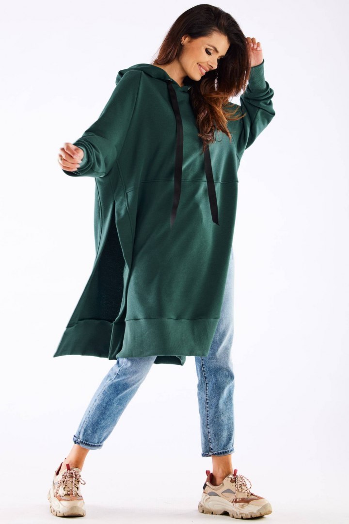Bluza damska oversize z kapturem długa bawełniana zielona M279